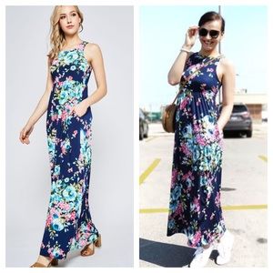 Dresses - LAST 2 - Navy Floral Print Maxi Dress With Pockets Dresses - LAST 2 - Navy Floral Print Maxi Dress With Pockets